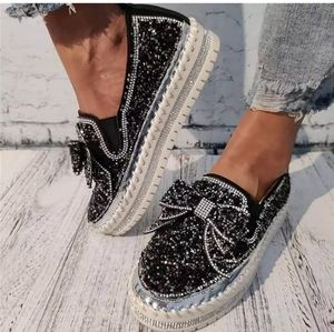 Muguan Crystal Loafers Bowknot Rhinestone Loafers Black Shoes Size 9.5